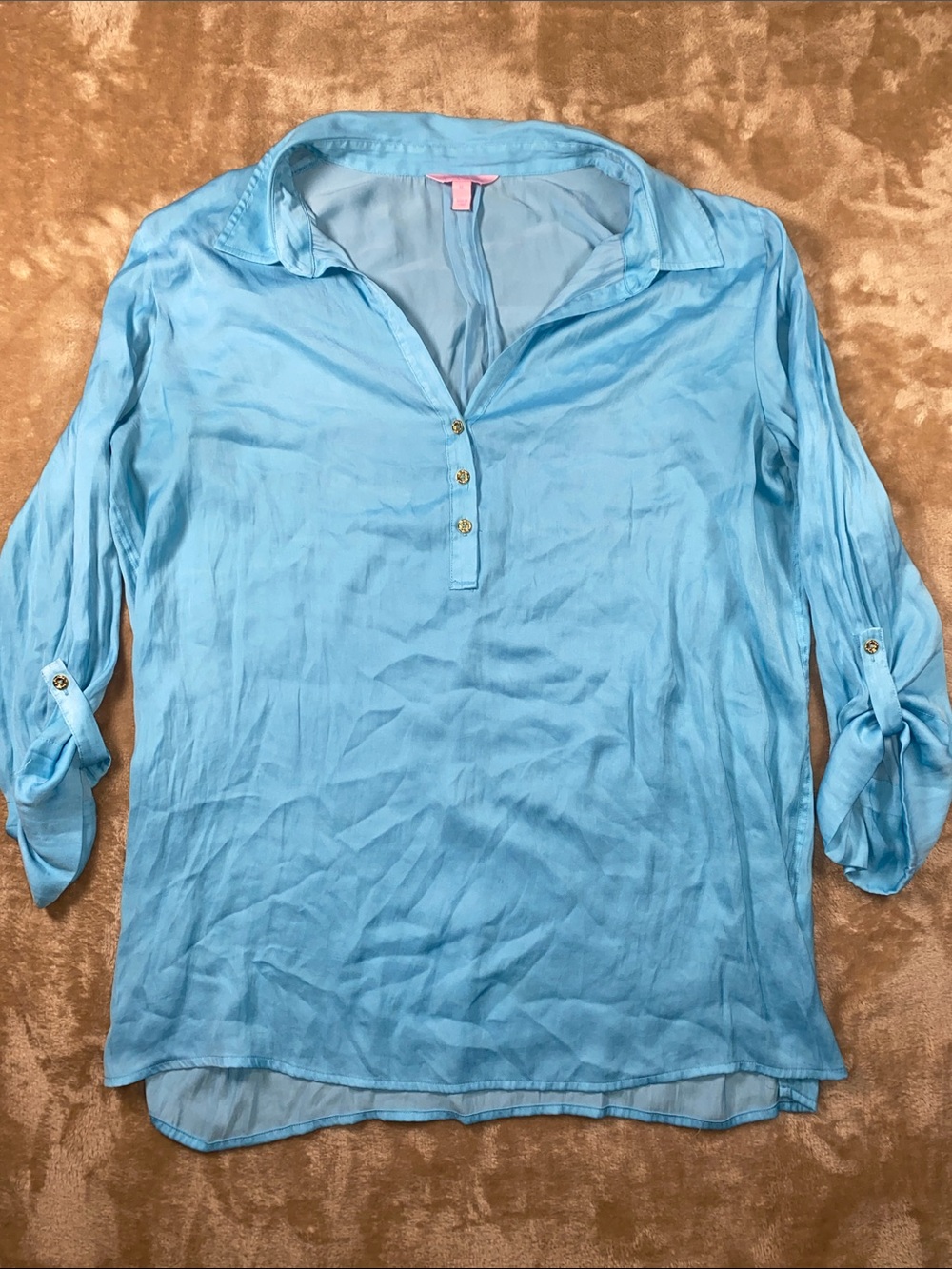 Lilly Pulitzer Light Blue Gold Buttons Roll-Tab Popover Tunic